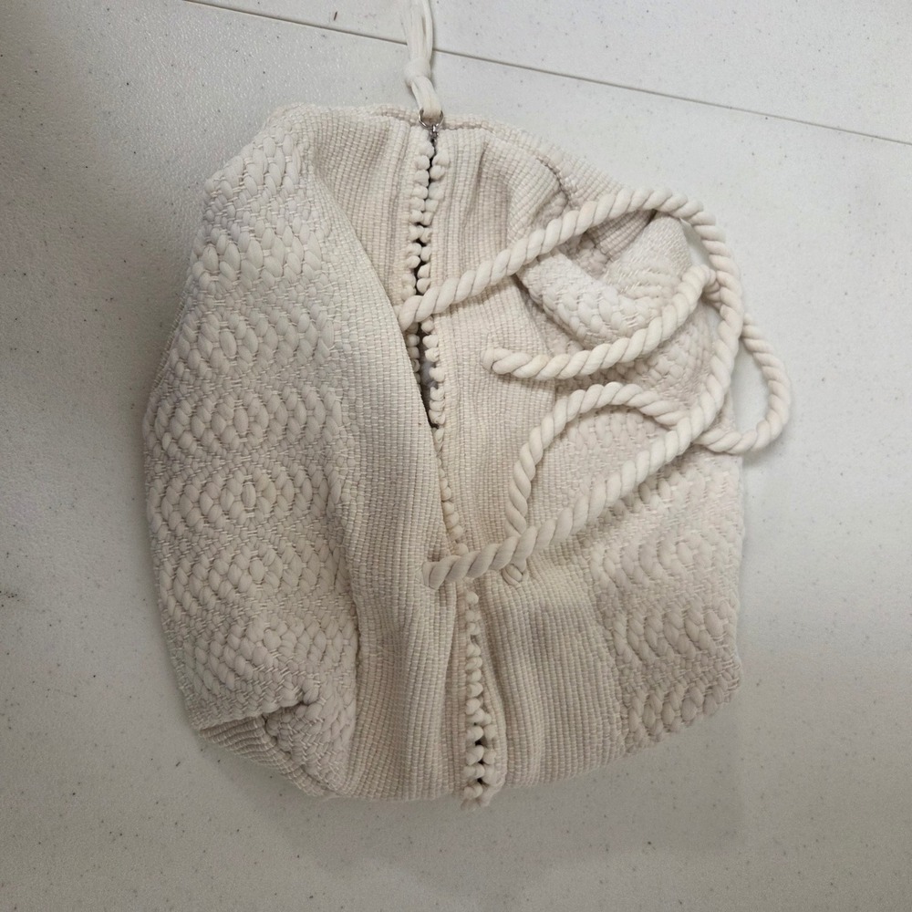Cream Woven Boho Rope Handle Handbag Beach Bag Pom Pom Trim Zipper Closure